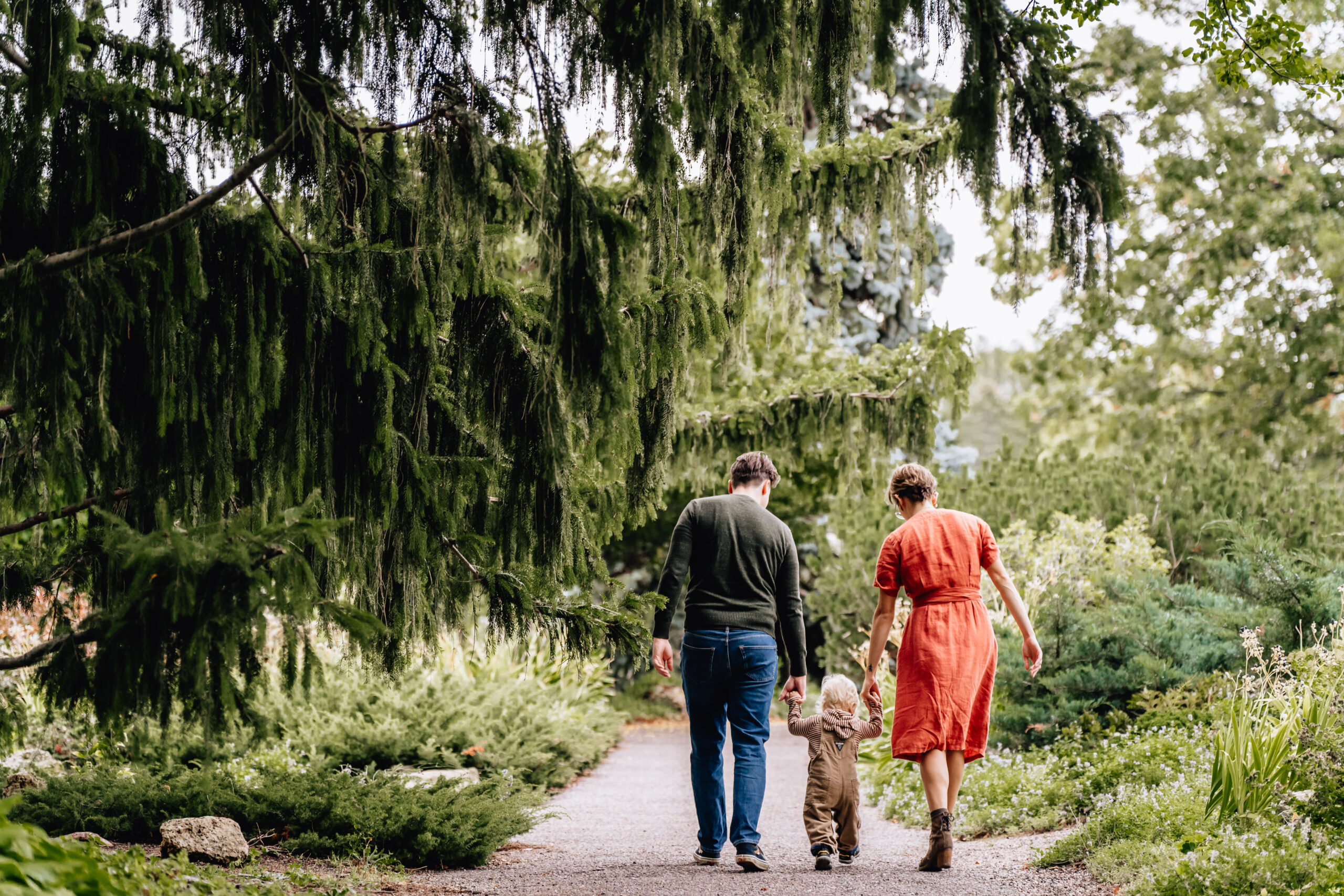 Mother, father, and toddler walking on a gravel road underneath of a tree all holding hands 